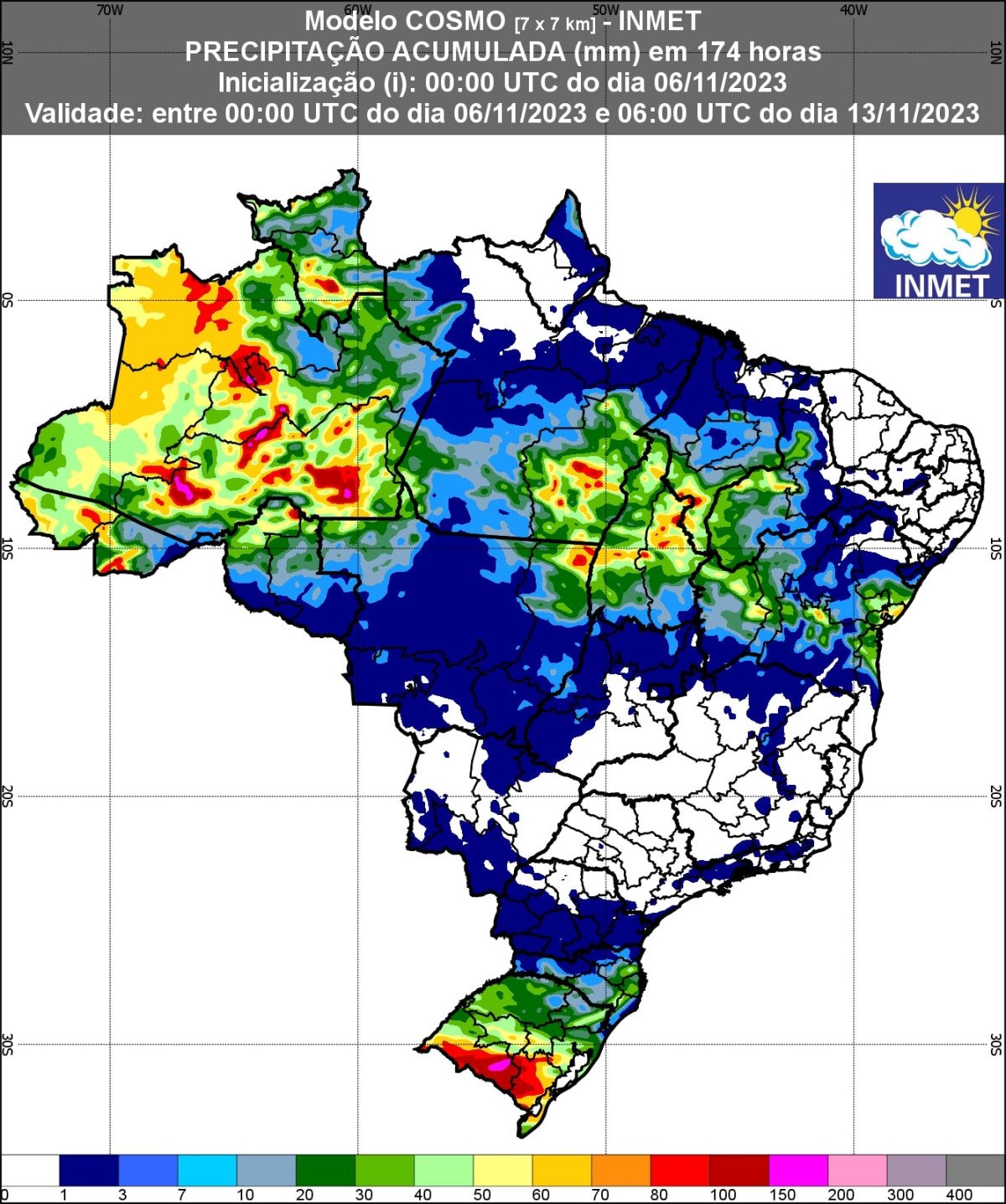Inmet prevê maiores volumes de chuvas para primeira semana de novembro no Sul e Noroeste