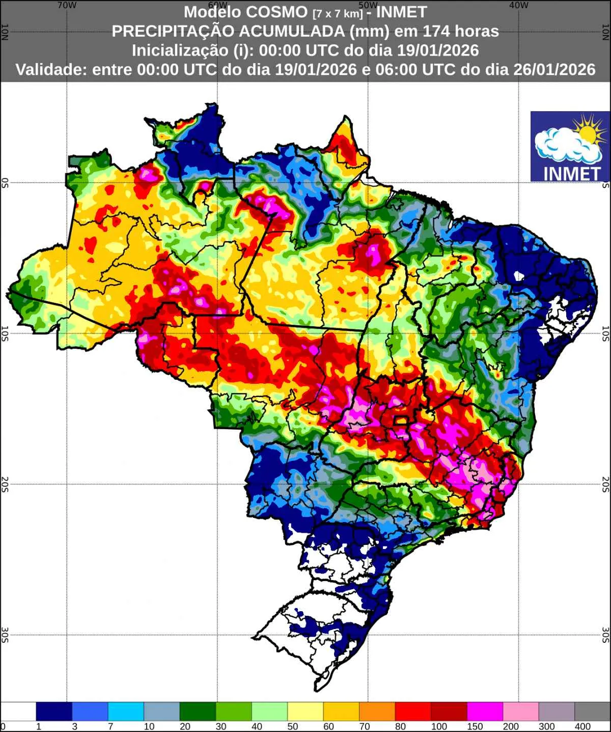 INMET divulga previsão do tempo para 19 a 26 de janeiro